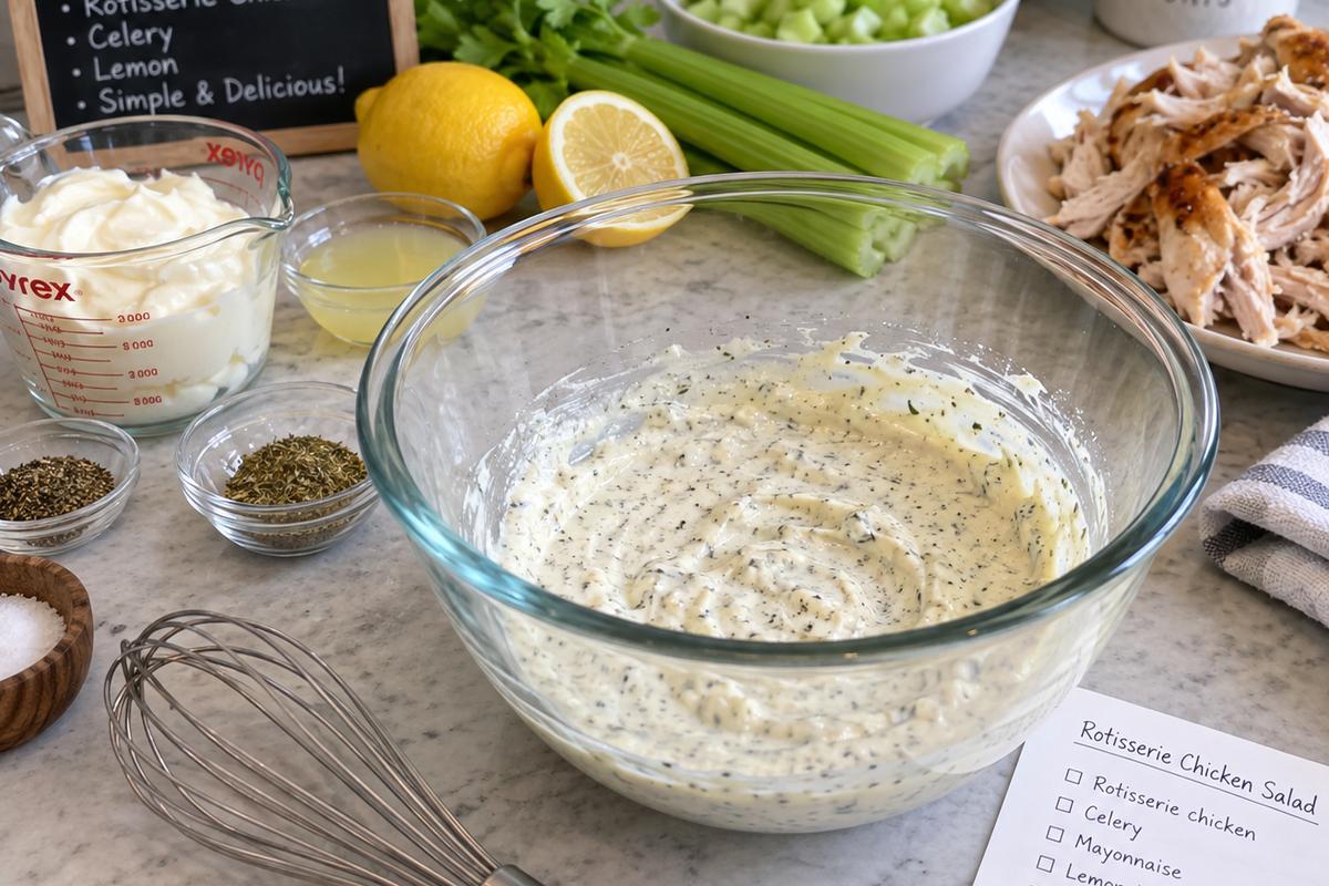 Rotisserie Chicken Salad Recipe with Celery and Lemon 2 A large glass mixing bowl holding the creamy lemon and poultry seasoning dressing for rotisserie chicken salad recipe, with a whisk beside measured mayonnaise, lemon juice, and spices on a kitchen counter
