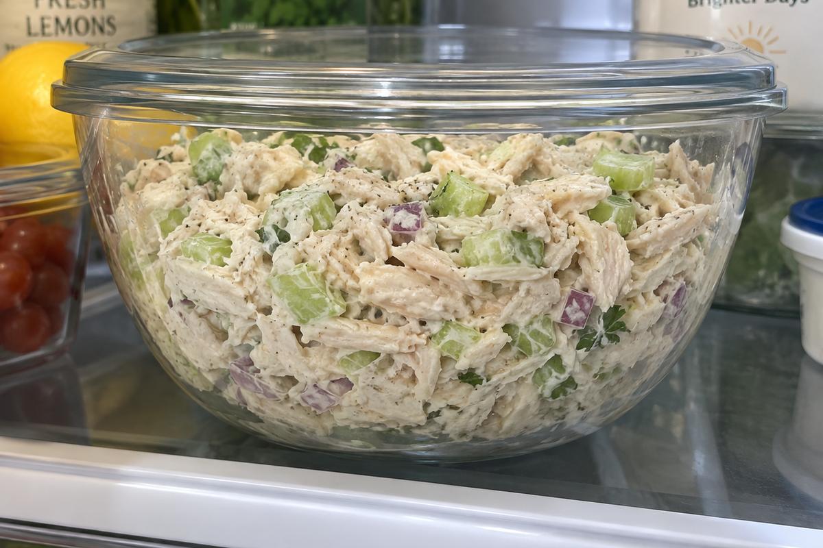 Rotisserie Chicken Salad Recipe with Celery and Lemon 3 Rotisserie chicken salad recipe in a covered clear glass bowl chilling in a refrigerator, creamy shredded chicken with visible celery and diced onion seen through the bowl