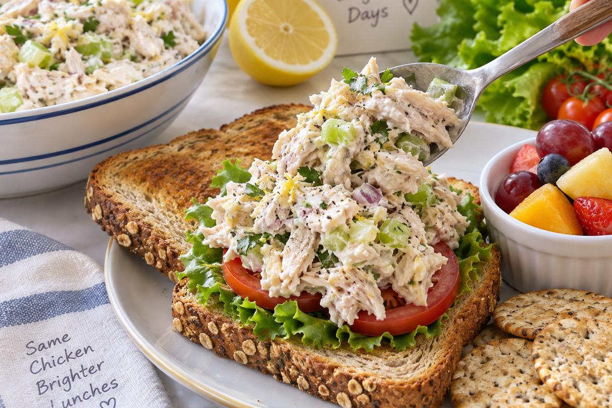 Rotisserie Chicken Salad Recipe with Celery and Lemon 4 Rotisserie chicken salad recipe being served with a spoon onto toasted multigrain sandwich bread, with green lettuce, tomato slices, crackers, and a small side of fruit on a bright lunch table