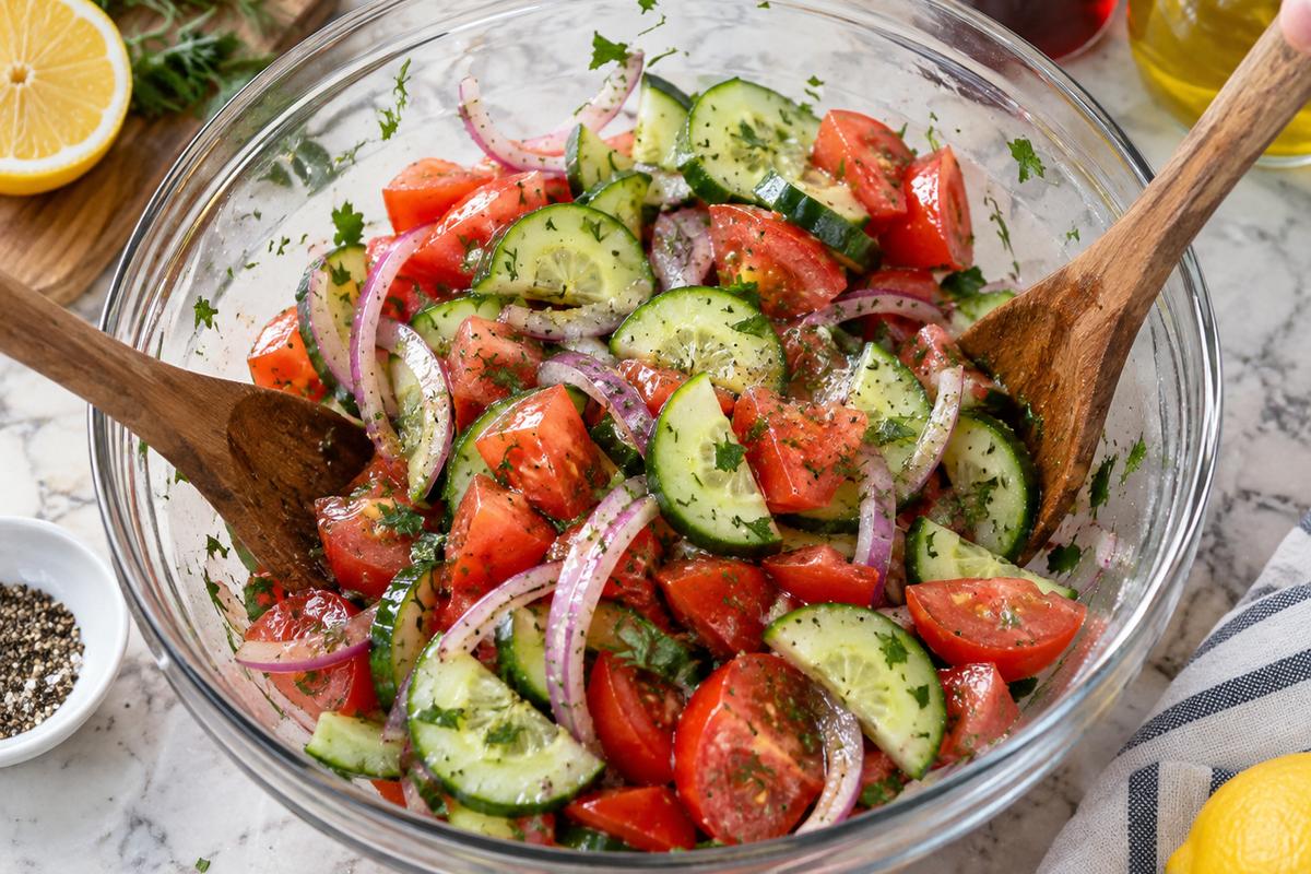 Summer Cucumber Tomato Salad Recipes: Fresh Lemon Herb Salad 2 A close overhead preparation view of summer cucumber tomato salad recipes in a large glass bowl, showing cucumber half-moons, chopped tomatoes, and thin red onion being tossed with lemon juice and red wine vinegar