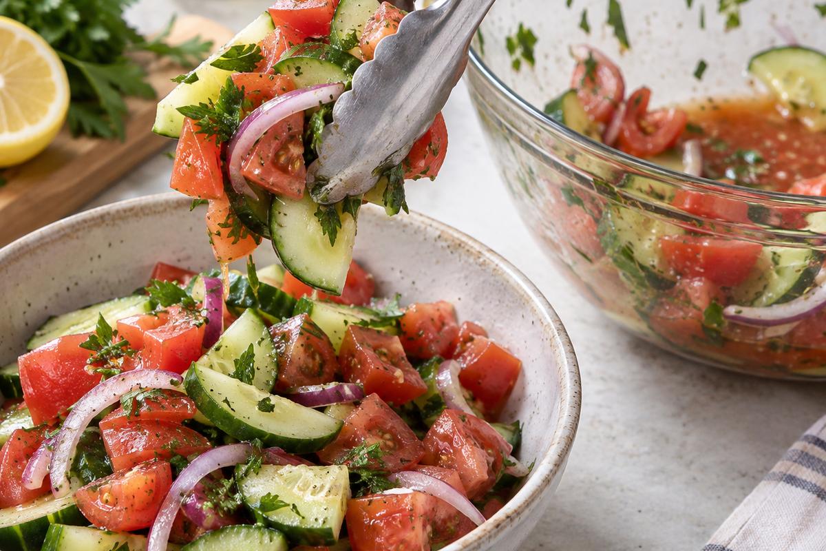 Summer Cucumber Tomato Salad Recipes: Fresh Lemon Herb Salad 3 A side-angle view of summer cucumber tomato salad recipes being lifted with tongs from a mixing bowl into a ceramic serving bowl, with bright tomato juices left behind