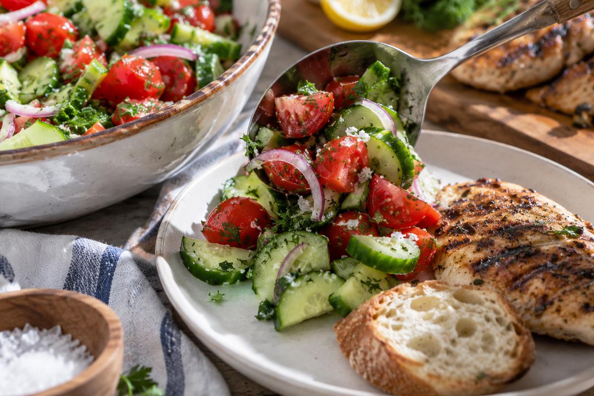 Summer Cucumber Tomato Salad Recipes: Fresh Lemon Herb Salad 4 A close serving scene of summer cucumber tomato salad recipes spooned onto a small plate beside grilled chicken and crusty bread, with cucumber, tomatoes, red onion, herbs, olive oil, and flaky salt clearly visible