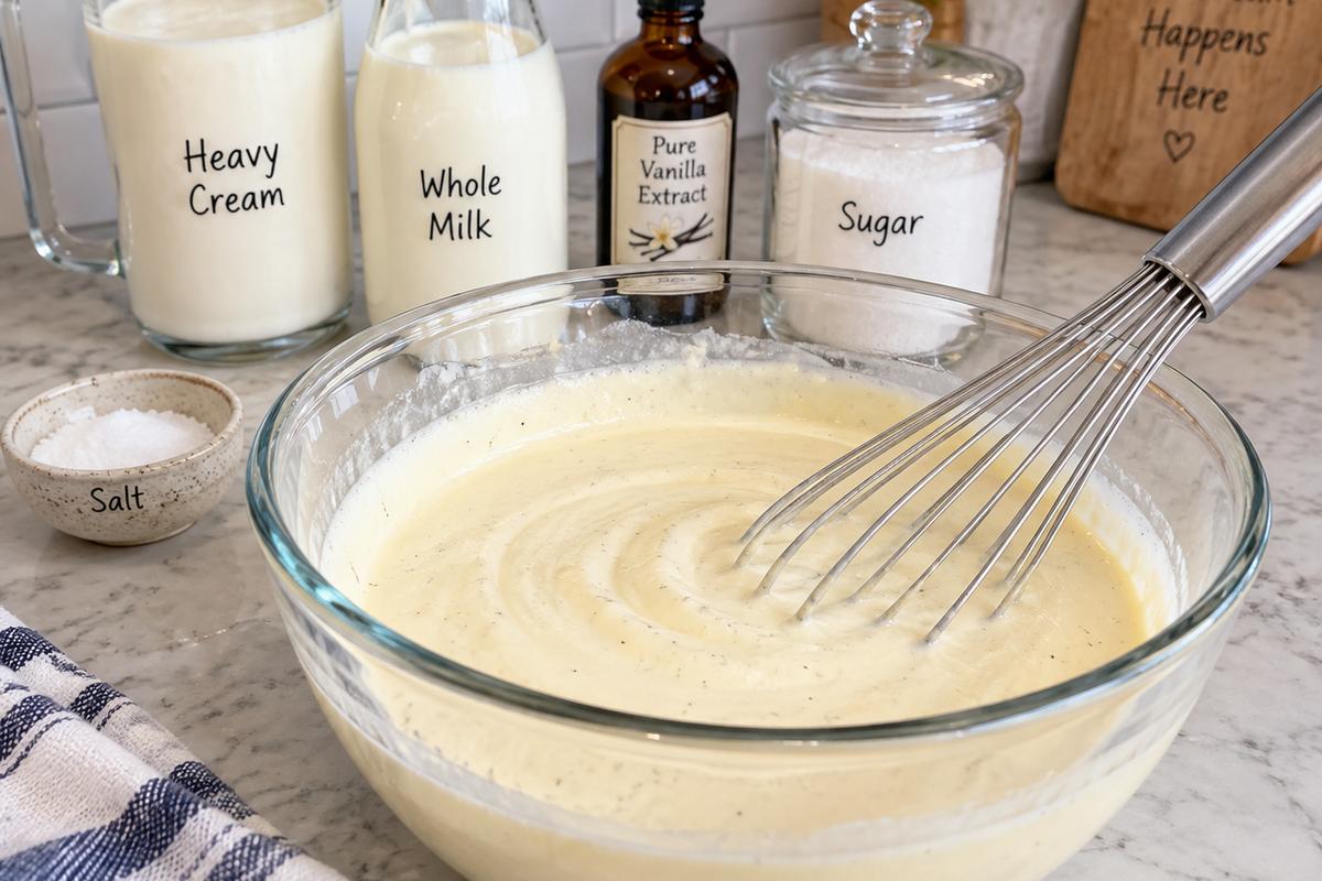 Vanilla Ice Cream Homemade No Eggs: Creamy 5-Ingredient Recipe 2 A glass mixing bowl filled with pale vanilla ice cream homemade no eggs base being whisked on a kitchen counter, with heavy cream, whole milk, vanilla extract, sugar, and a small pinch bowl of salt nearby