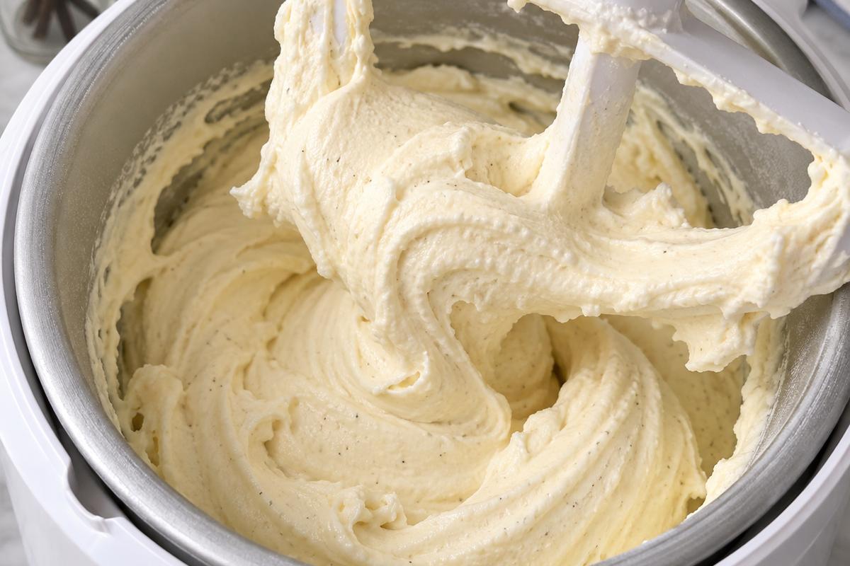 Vanilla Ice Cream Homemade No Eggs: Creamy 5-Ingredient Recipe 3 Freshly churned vanilla ice cream homemade no eggs with a soft-serve texture inside an ice cream maker bowl, the paddle lifted slightly to show thick creamy folds
