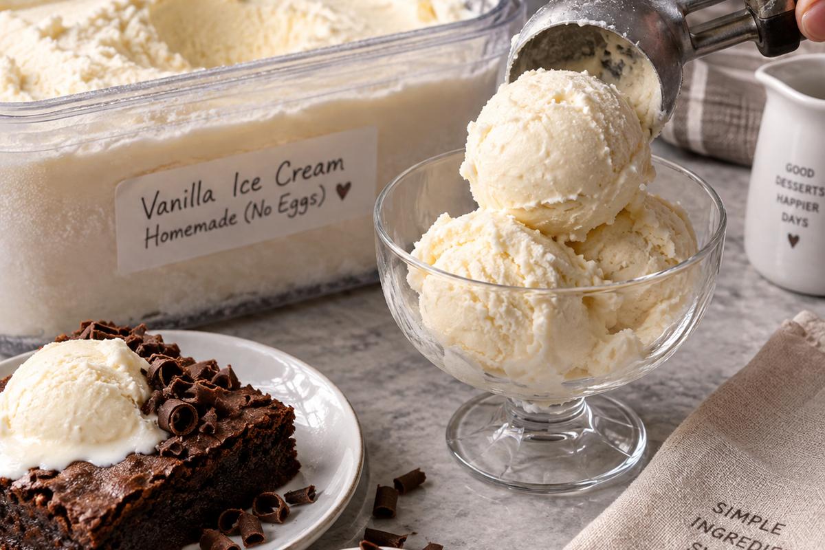 Vanilla Ice Cream Homemade No Eggs: Creamy 5-Ingredient Recipe 4 Vanilla ice cream homemade no eggs being scooped from a frosty airtight freezer container into a dessert dish, with a warm brownie and chocolate curls beside it